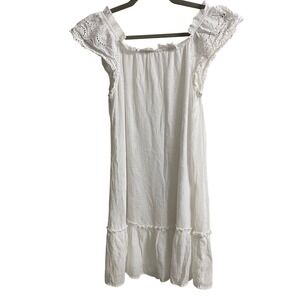 White Eyelet Lace Flutter Sleeve Ruffle Hem Shift Mini Dress MDWC9809